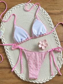 Swim Mod Conjunto de bikini de cuello de halter con textura y lazos laterales para mujer, adecuado para la playa y la , primavera/verano - Rosa - Ver 2