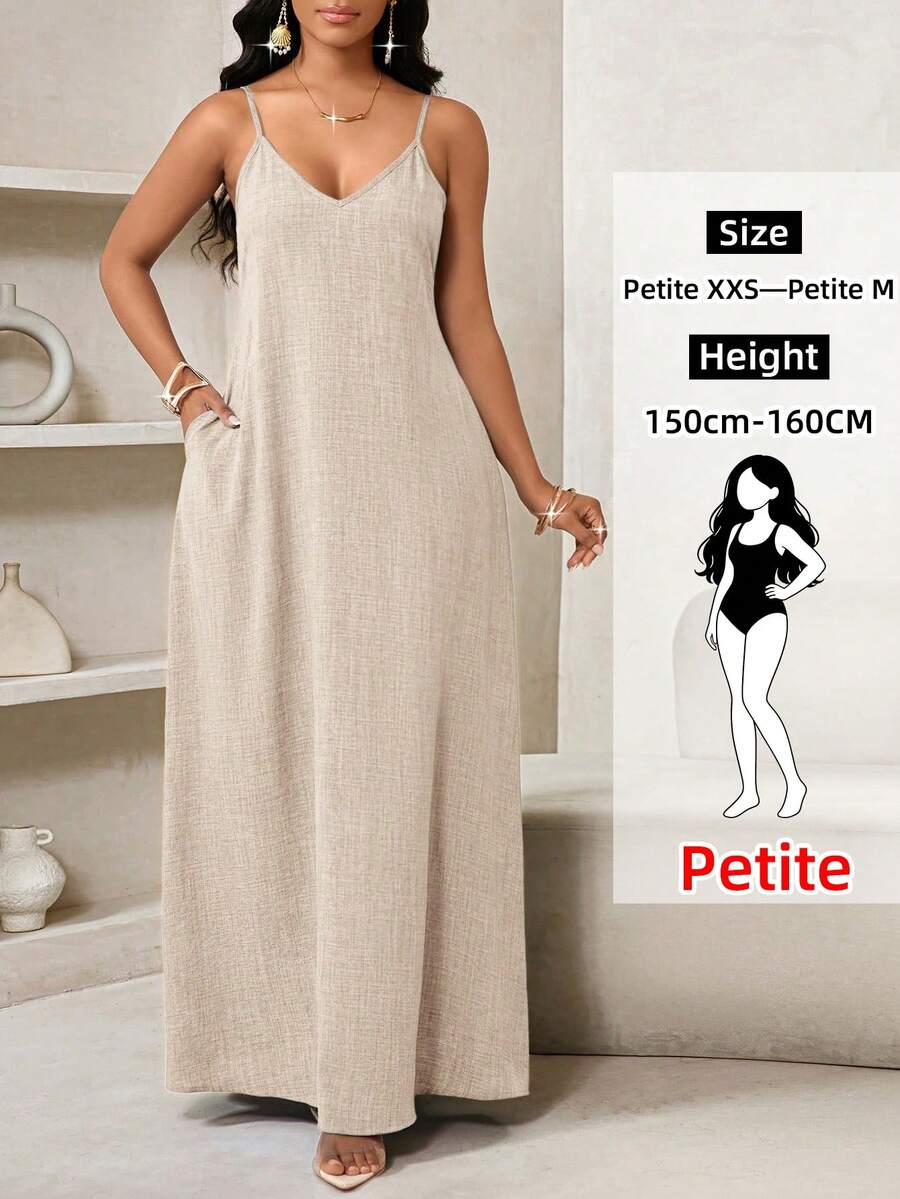 SHEIN Lady Petite Beige Summer Casual Vacation Petite Women Boho Backless Baggy Maxi Dress,Loose Strapless Birthday Vacation Event Elegant Tropical Beach Easter Outfit - Khaki - View 1