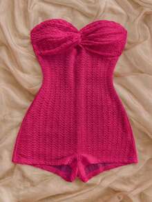 SHEIN PETITE CURVE Áo liền quần quây ngực màu trơn dáng rộng, cỡ lớn, kiểu xoắn. - Màu Hồng Tươi - Xem 4