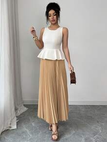 Elenzga Conjunto de 2 peças com Top de Gola Redonda, Cintura Marcada, Bainha com Babado + Saia Plissada de Cintura Elástica Longa, Cor Marrom Contrastante, Estilo Refinado, Fashion, Elegante - Ideal para Passeio de Verão, Encontro, Ano Novo, Dia dos Namorados, Páscoa, Dia das Mães, Festival de Música, Estilo do Oriente Médio, Casamento - Marrom Claro - Visão 4