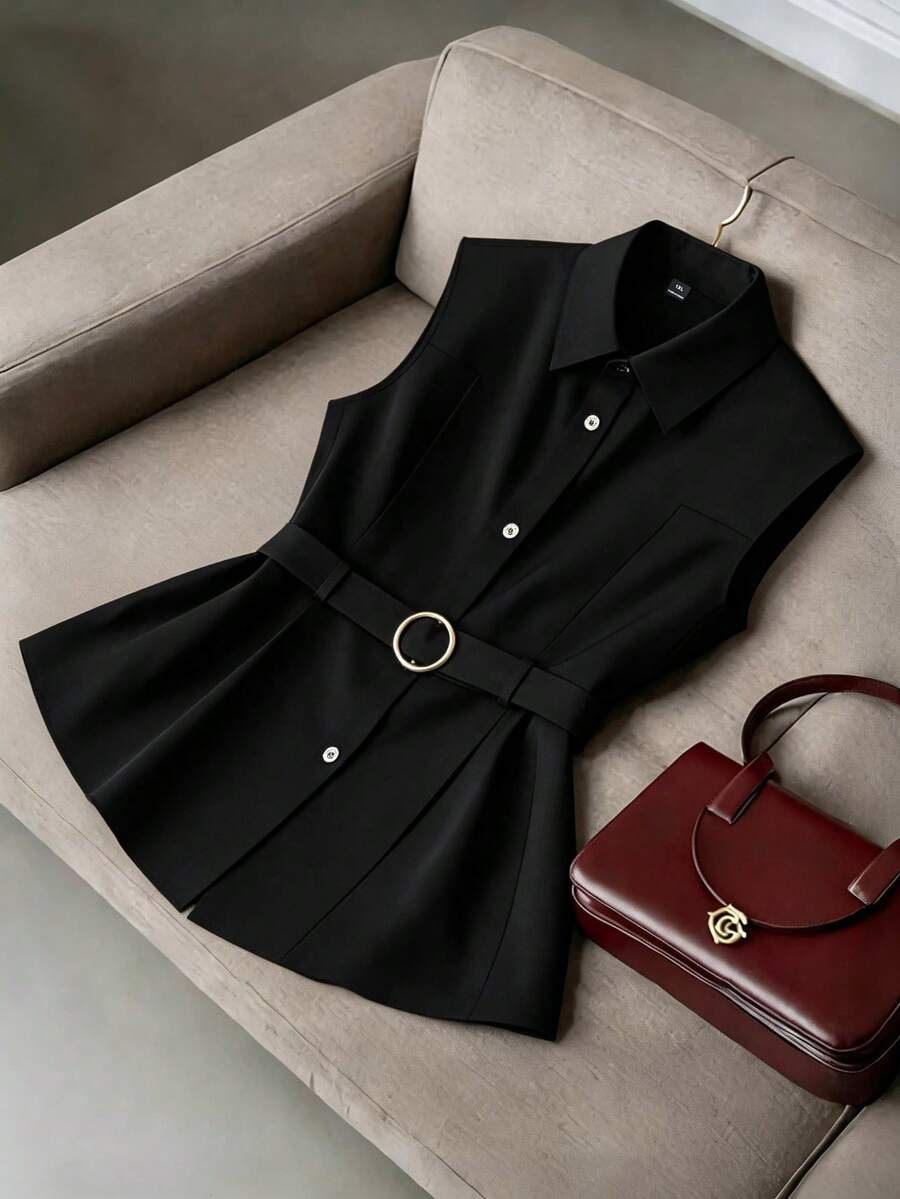GlowEve CURVE Plus Size Women's Solid Color Lapel Button Casual Versatile Commuter Shirt - Black - View 1