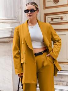 SHEIN Plus Shawl Collar Double Breasted Blazer & Pants - Yellow - View 3