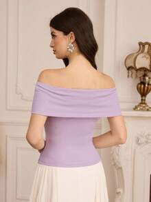 Modelyn 女士3D立体花卉装饰露肩修身褶皱设计上衣，适合通勤和约会 - 淡紫色 - 查看 2