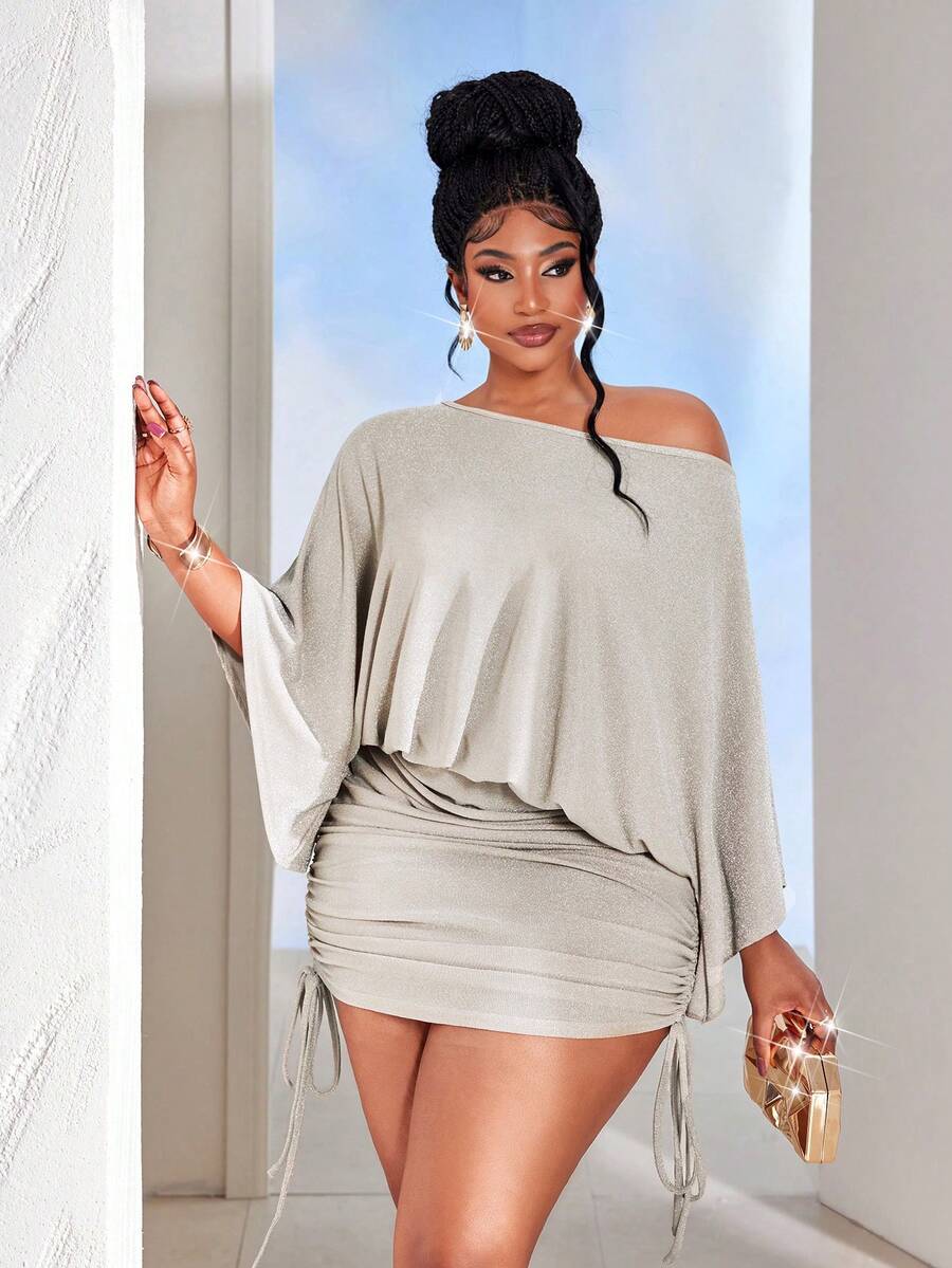 Maweii Vestido de fiesta elegante y a la moda para mujer de talla grande, de unicolor, con drapeado asimétrico en el hombro - Gris Claro - Ver 1