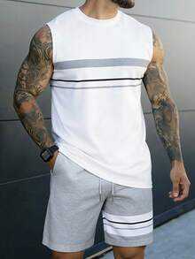 OTTIMOZO Bộ đồ nam phong cách đường phố hip hop kẻ sọc cổ tròn và quần short túi chéo, thích hợp cho nam giới, mặc hàng ngày, đi chơi cuối tuần, hoạt động ngoài trời, du lịch, môi trường làm việc thoải mái hoặc các dịp bán trang trọng, quà tặng cho bạn trai/chồng, quà kỷ niệm/sinh nhật, tiệc tùng, kỳ nghỉ hè, đám cưới, xuân hè, lễ Phục sinh. Áo ba lỗ kẻ sọc trắng nam thiết kế hiện đại thoải mái, trang phục không tay nam, bộ đồ xám trắng nam, bộ áo và quần nam thường ngày, bộ đồ hai mảnh quần short nam thường ngày, bộ đồ hai mảnh áo ba lỗ và quần short nam. - trắng - Xem 3