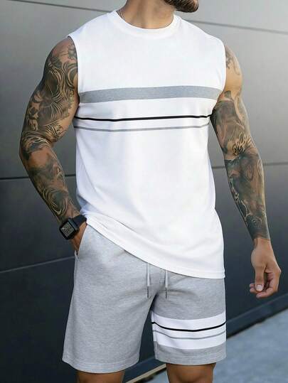 Manfinity Homme Men's Casual Hip Hop Street Style Striped Print Round Neck Tank Top And Slant Pocket Shorts Set,Men Old Money,Daily Leisure, Weekend Trips, Outdoor Activities, Travel Expeditions, Relaxed Work Environments Or Semi-Formal Occasions, Boyfriend/Husband Gift, Anniversary /Birthday Gift Party Summer Vacation Holiday,Wedding,Spring To Summer,Easter,Mens White Striped Sleeveless Shirt Modern Design Comfortable Athletic Tank Top,Men Sleeveless Outfits,Men Grey And White Set,Men Casual Top And Bottom Set,Men Two Piece Casual Short Sets,Men 2 Piece Set Tank Shorts