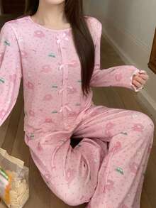 DAZY 2件套女士可爱小熊碎花印花长袖T恤和宽松直筒长裤睡衣套装，春秋季 - 粉色 - 查看 1