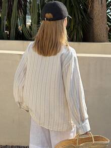 DAZY 女士宽松条纹衬衫，带领，春季款 - 杏色 - 查看 2