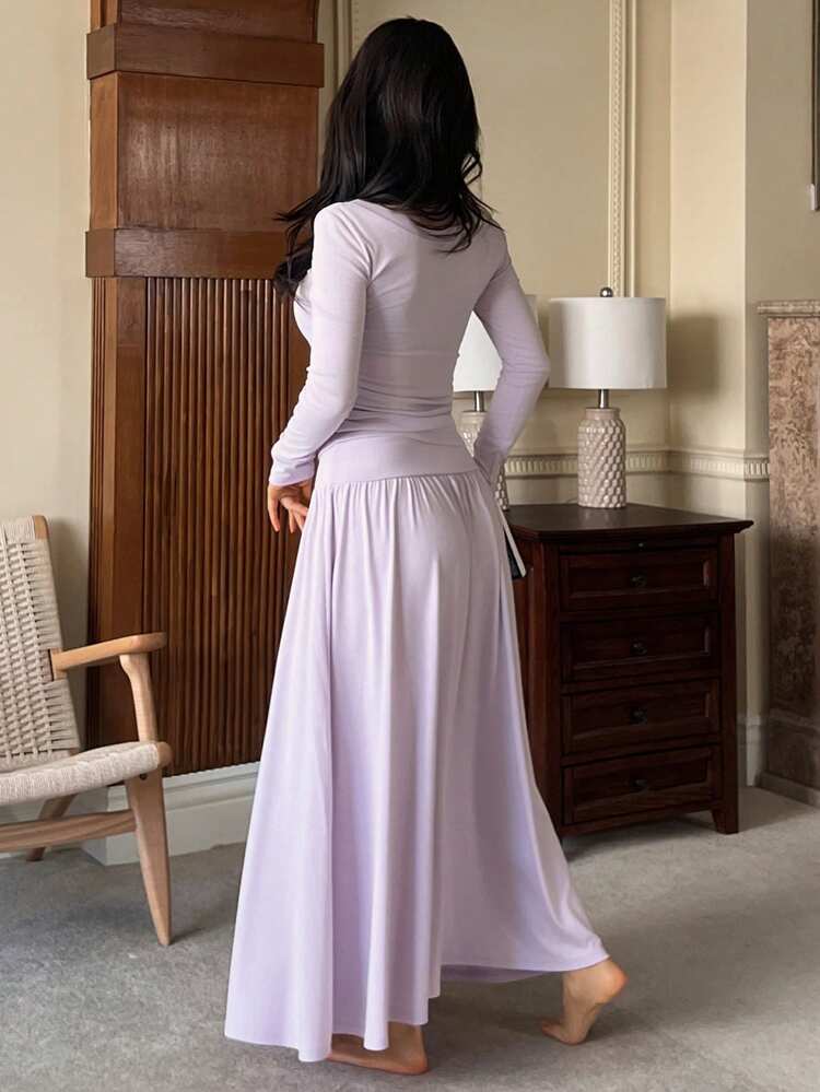 Solid Color Knit Fitted Top And Loose Long Skirt Women's Loungewear Set