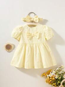 2件套新生女宝宝夏季纯棉甜美浅黄色提花泡泡袖连衣裙+蝴蝶结前发带 - 黃色 - 查看 1