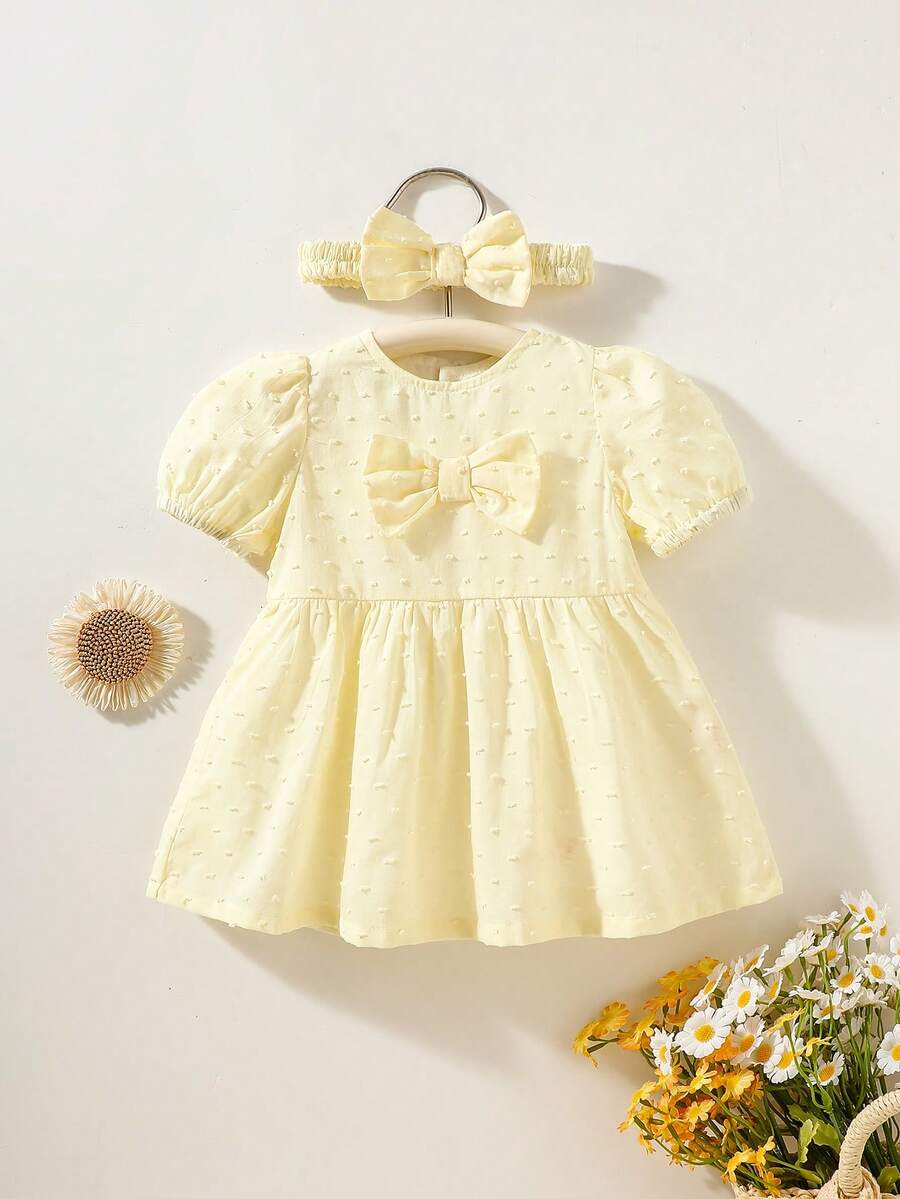 2件套新生女宝宝夏季纯棉甜美浅黄色提花泡泡袖连衣裙+蝴蝶结前发带 - 黃色 - 查看 1