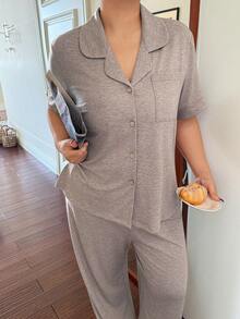 Dream Adore Plus Size Women Loose Comfortable Knit Collared Short Sleeve Pajama Set - Mocha Brown - View 6