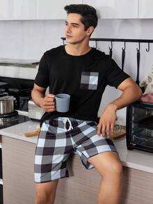 SHEIN Men's Plaid Printed Short Sleeve Top And Shorts Homewear Set - Black - View 3