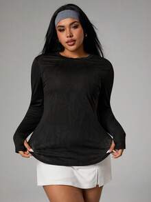 Rhythm Era 大码女式纯色休闲舒适透气长袖T恤 - 黑色 - 查看 7