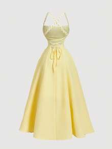 SHEIN MOD Đầm nữ mùa hè dáng suông, thắt eo, thích hợp cho kỳ nghỉ. - Màu vàng - Xem 4