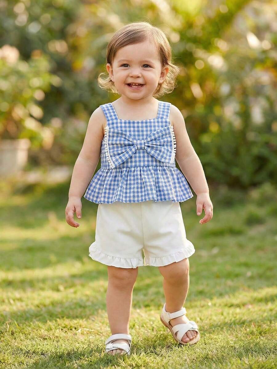 SHEIN Vintaside Kids Baby Girl Casual Plaid Bow Decor Camisole And Shorts Set, Summer - Blue - View 1
