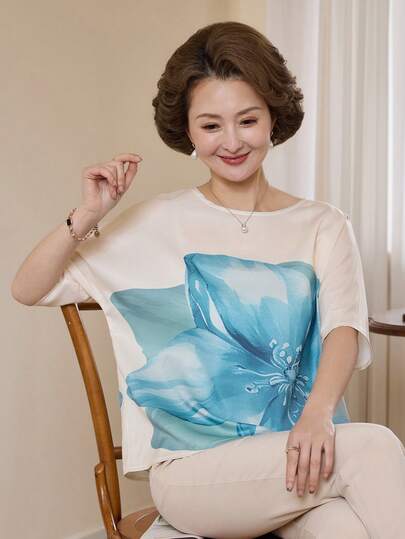 Vivie Lora 女士印花宽松圆领休闲短袖衬衫