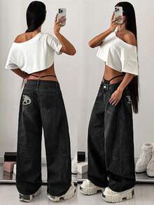 SHEIN PETITE Women's Pentagram Pocket Wide Leg Loose Fit Jeans Pants - Black - View 3