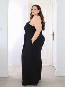 Pretty and Ole Bộ đồ liền thân ống rộng xếp ly dây nút sang trọng, thanh lịch cỡ lớn dành cho nữ, mùa xuân/hè - màu đen - Xem 6