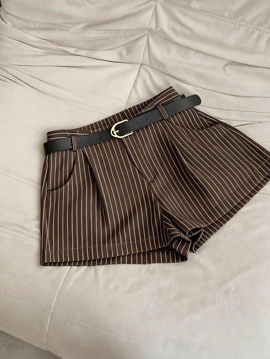 Airaco 女士时尚休闲通勤条纹侧袋短裤 - 咖啡棕 - 查看 1