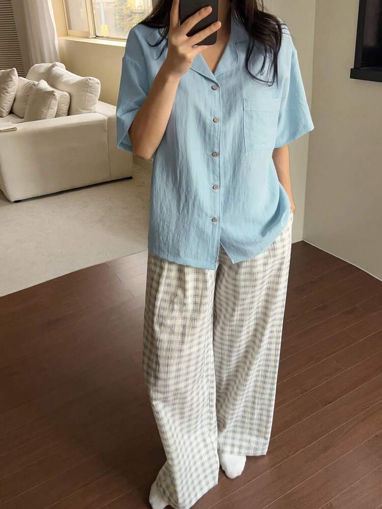 Japanese Style Solid Color Short Sleeve Top And Plaid Pajama Pants Women Sleepwear Set