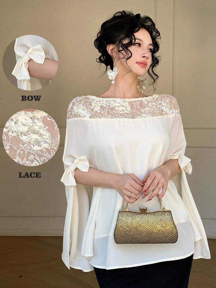 Women's Crew Neck Lace Patchwork Elegant Loose Casual Blouse