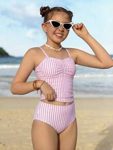 SHEIN Tween Girls 2 Pieces Tankini Swimwear Set, Pink & White Striped Spaghetti Strap Top And Ruched Waist Striped Triangle Bottoms, Y2K Cute Vacation Style Suitable For Swimming, Surfing, Holiday, Beach - Pink - View 7