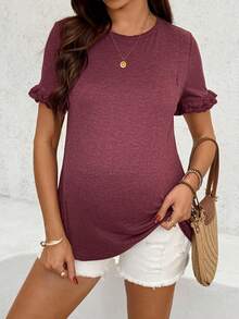 SHEIN 孕妇及哺乳期休闲荷叶边短袖T恤，夏季 - 紅色 - 查看 4