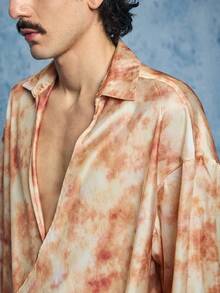 ROMWE MEN Street Life Men's Tie-Dye Print Wrap Collar Shirt - Brown - View 2