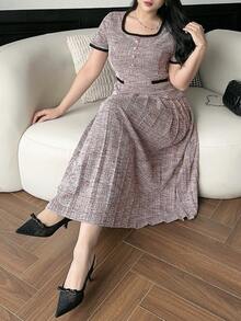 Dazy Plus Plus Size Elegant Faux Pearl Trim Short Sleeve Dress, Summer Sun Dresses For Women - Pink - View 5