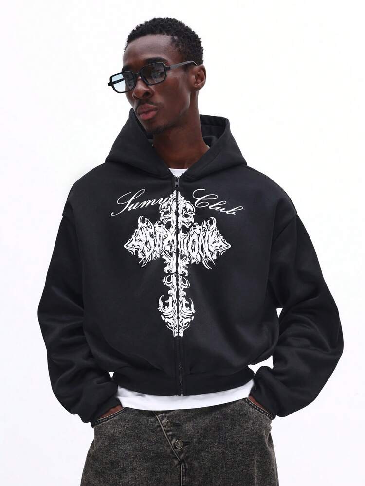 Full-Zip Hoodie With Ornate Cross Print