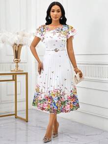 SHEIN Lady Petite Elegantes weißes Blumen Sommerkleid für Frauen, kurzes Trompetenärmel Rundhals Rüschen Midi-Länge Sommerkleid, Brunch Strand Resort Kleidung Hochzeitsgast Party, zierliche Frauen - Verschiedenfarbig - Übersicht 11