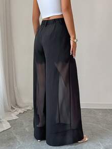 SHEIN Elenzya Quần ống rộng cạp cao bằng vải chiffon đen thời trang và thanh lịch dành cho nữ, có điểm nhấn là cúc cài, thích hợp mặc hàng ngày. - màu đen - Xem 2