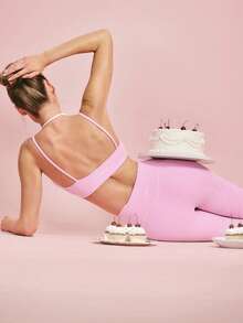 GLOWMODE 24" FeatherFit™ Workout Lover Buttery-Soft Sweat-Wicking Contrasting Seam Tummy Control Booty-Lifting Leggings Low Impact Yoga Pilates Studio Gym Daily Active Casual Wear - Pink - View 8