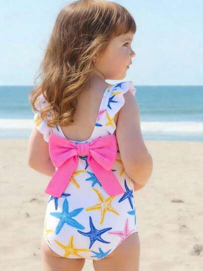 SHEIN Baby Girl Starfish Print Contrast Color Big Bow Beach Romper Swimsuit