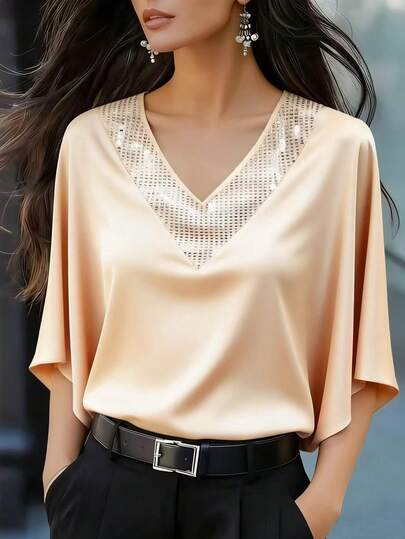 Franclia Elegant French Style Satin Blouse, Smooth Fabric With Champagne Color And Sequins Embellishment, V-Neck Batwing Sleeve Design, Gentle And Flattering, Suitable For Work, School, Office, Daily Commute, Dates, And Formal Occasions, Classic And Versatile Summer New Women's Shirt