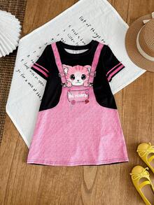 SHEIN 女童针织可爱猫咪图案圆领二合一连衣裙 - 彩色 - 查看 3
