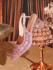 CUCCOO TILAWA Tacones altos de cristal con puntera puntiaguda y rhinestones rosas, adecuados para salidas, banquetes, fiestas y otros eventos - Rosa - Ver 6