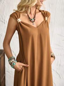 Breezaya Women's Caramel Textured Slip Dress, V-Neck Loose Drape Elegant Dress With Metal Strap - Coffee - View 2