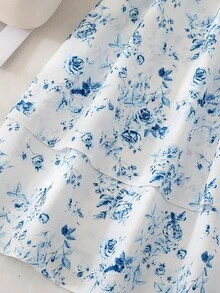Elladie kids Girls' Elegant Ditsy Floral Sleeveless Waist Cinched Asymmetrical Hem Dress, Suitable For Casual, Vacation, Holiday, Party, Birthday And Other Occasions, Summer Kids Jacquard Dresses Blue Dresses 7 8y Kids Casual Aline Sleeveless Dresses Kids Frocks Blue Floral Dress Girls Girls Jacquard Dresses - Blue - View 7