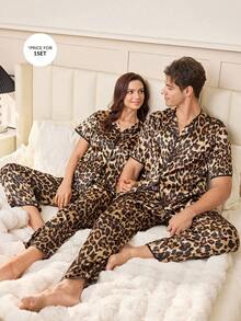 SHEIN Leopard Print Faux Silk Men's Pajama Set - Multicolor - View 7
