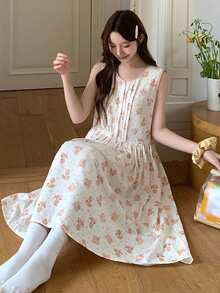 Summer Sweet Floral Cat & Dog Print Pleated Sleeveless Women Nightgown - Beige - View 10