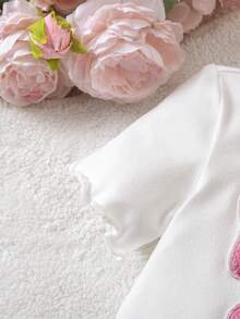 女婴可爱夏季休闲针织蝴蝶结短袖T恤和条纹裤套装 - 粉色 - 查看 5