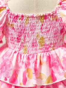 SHEIN 女婴优雅碎花荷叶边短袖连衣裙 - 粉色 - 查看 6