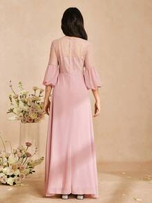 Elegant Flowing Lace Patchwork Chiffon Long Sleeve Waist Flared Long Dress, Suitable For Weddings, Formal Occasions, Parties, Performances, Birthdays, All Seasons - Pink - View 2