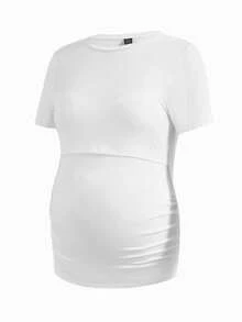 Modmama 孕妇纯色圆领短袖休闲哺乳T恤 - 淺藍色 - 查看 12