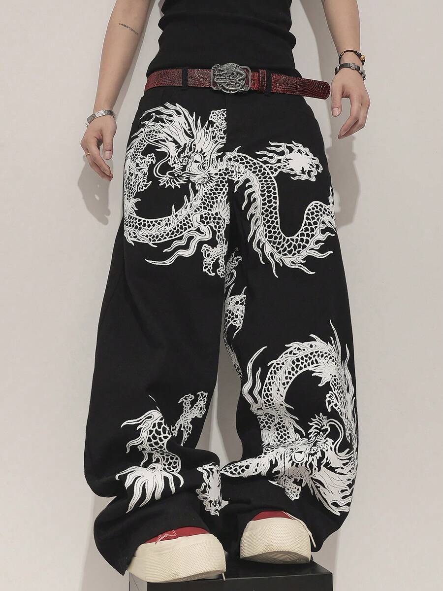 Manfinity EMRG Quần jeans nam ống rộng dáng suông họa tiết rồng Trung Quốc có túi, kiểu dáng thường ngày. - màu đen - Xem 1