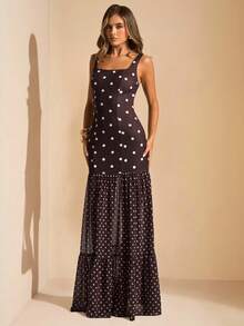 SHEIN BAE Đầm chấm bi nâu bất đối xứng, đầm dài ôm sát xuyên thấu, đầm chấm bi màu cà phê, đầm mùa hè kiểu Maillard, trang phục đại học màu nâu, đầm chấm bi hai dây hở lưng xẻ cao, đầm chấm bi, đầm dài đi biển nghỉ mát - màu nâu - Xem 5