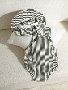 SHEIN Playful Pals 2件裝新生兒男嬰/女嬰中性服裝套裝 綠白條紋吊帶連身褲 夏季休閒度假款 極簡風 0-3歲 - 綠色 - 查看 2
