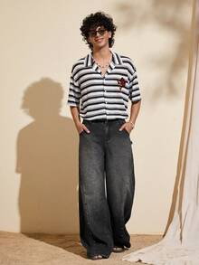 Felipe Marques Ekonfriends Quần jeans nam dáng rộng, rách rưới, đính đinh tán, thích hợp cho mùa xuân, hè, thu, đi biển và dạo phố. - Màu xám đen - Xem 6